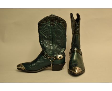 A pair of rare cowboy boots in forest green genuine leather, subtly metallic, having emerald patent moc-croc leather trim at 