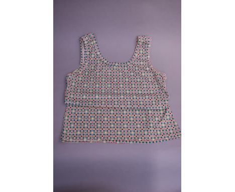 Two sets of 1970s short sleeved shirts with matching tank tops, in polyester jersey patterned all over with little squares an