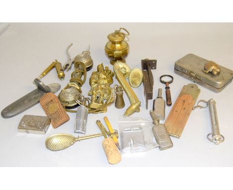 Mixed curios to included brass door fittings telephone hand set, pewter glass case spring scales, small tools etc