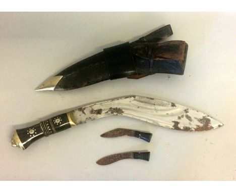 A kukri Knife with Mother of Pearl Decoration together with 2 sharpening knives