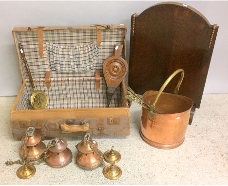 Travelling trunk, brass coal bucket ,bellows brass ceiling lights ,bellows fire companions and a fire screen 