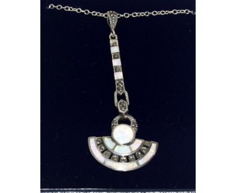 Silver art deco style pendant necklace set with large central opal and marcasite