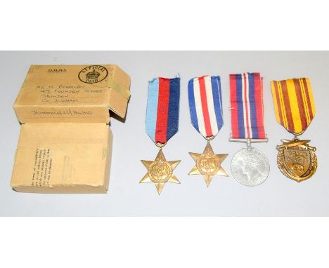 A WW2 Medal group of four including the Dunkirk Medal with posting box addressed to Mr N Bramley of Co.Durham