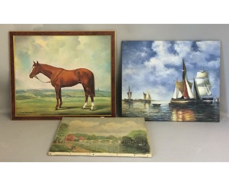 W B Rutherford portrait of a racehorseoil on canvas 50x60cm signed plus two other oil on canvas unframed pictures 