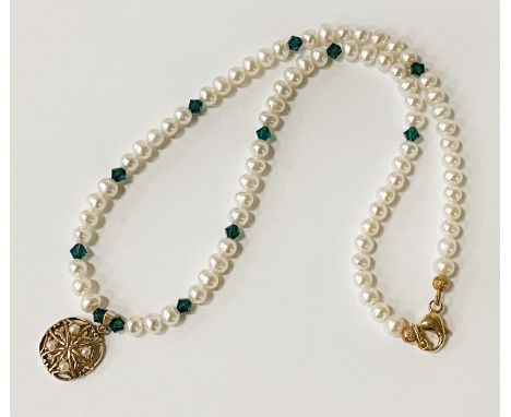 9CT GOLD PENDANT PEARL &amp; SWAROVSKI CRYSTAL NECKLACE WITH GILT SILVER LINKS