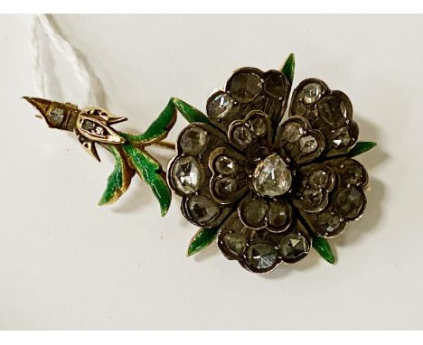 18CT GOLD TESTED ROSE CUT DIAMOND &amp; ENAMEL FLORAL BROOCH 14.2 GRAMS APPROX 