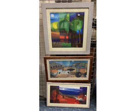 ENGLISH SCHOOL (XX CENTURY) THREE BRIGHT LANDSCAPE COLOUR LITHOGRAPH 30CMS X 57CMS - 2 X 45CMS X 44CMS