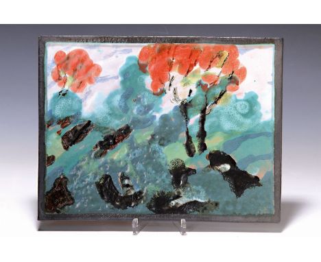 Karl Till, 1939 Esseg,  Keramikgemälde, 'blaugrüne Landschaft', Majolika, rückseitig signiert und bezeichnet, ca. 22 x 28 cmK