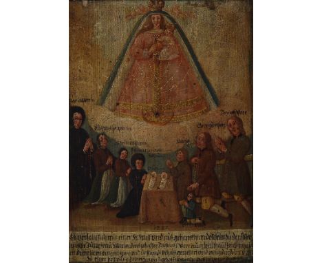 Votivbild, süddeutsch, dat. 1727,  Anbetung Mariens anlässlich Heirat und Geburt zweier Kinder, Maria als Schutzmantelmadonna