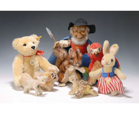 13 Steiff-Tiere, 60er Jahre bis neuzeitlich,  1. Classic Teddybär Replikat nach Vorbild von 1909, H. 34 cm, 2. Perri, H. 20 c