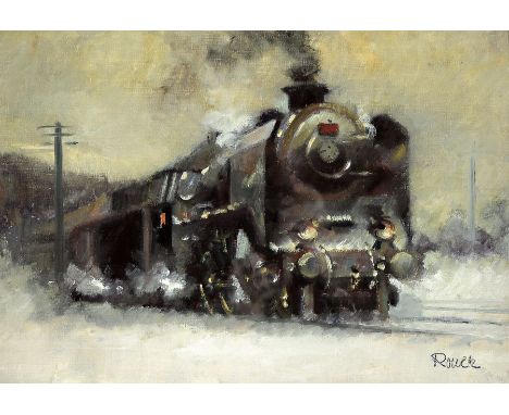 Jaroslav Ronek, 1892-1962,  Dampflokomotive im Schnee, Öl/Malkarton, rechts unten sign., ca. 30x45cm, u.Gl., R. ca. 47x61cmJa