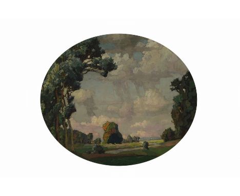 Richard Kaiser, 1868-1941,  Landschaft, Öl/Malkarton, mittig unten signiert und bez.: München 1924, im Oval ca. 57x68cm, R. c