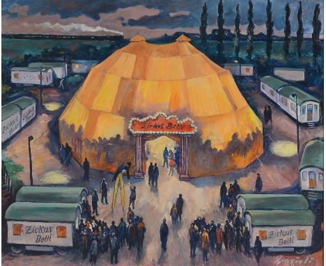 Edwin Grazioli, 1914-1986,  Zirkus Belli, Öl/Holz, rechts unten signiert, ca. 59x71cm, R. ca. 62x74cmEdwin Grazioli, 1914-198