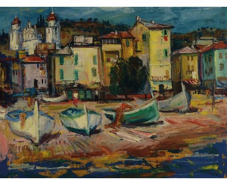 Paul Löffler, 1938-1995 Mannheim,  Fischerboote am Strand an einer südlichen Küste, Öl/Lwd, rechts unten signiert, ca. 69x91c