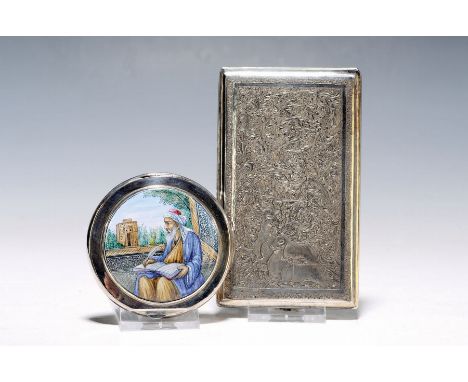Zwei silberne Etuis, Persien, 50er Jahre,  Silber, a. mit Hirschdekor und floral dekoriert, graviert, innen vergoldet, ca. 13
