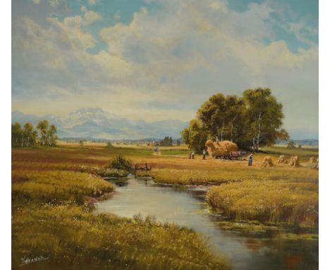 W. Hendrik, geb. 1930 im Breisgau,  Weite Voralpenlandschaft mit Bachlauf und einer Ernteszene rechts, Öl/Lwd, links unten si