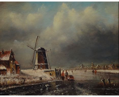 J.E. Moermans, niederländischer Traditionalist,  Winterlandschaft mit Windmühle und Schlittschuhläufern, Eisvergnügen im Stil