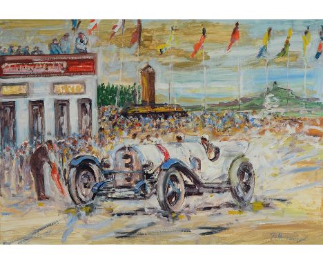 Paul Herrmann, 1864-1946,  Beim Autorennen, wohl 1930er Jahre, Öl/Malkarton, gewölbt, rechts unten signiert, ca. 49x71cm, R. 