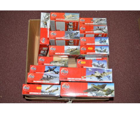Airfix model construction kits: red box 1:72, Military Aircraft; and a 1:48 scale Super Marine Spitfire MKI.  (16)