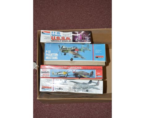 Monogram model constructor kits, to include: Black Widow P-61, 1:48 scale; ME 109E and Hawker Hurricane, 6082, 1:48 scale; P-