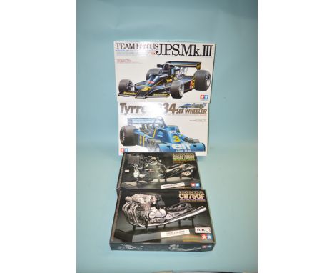 Tamiya model constructor kits, to include: Honda CB750F Motorcycle Engine, Honda CX500 Turbo Motorcycle Engine, J.P.S. MK.III