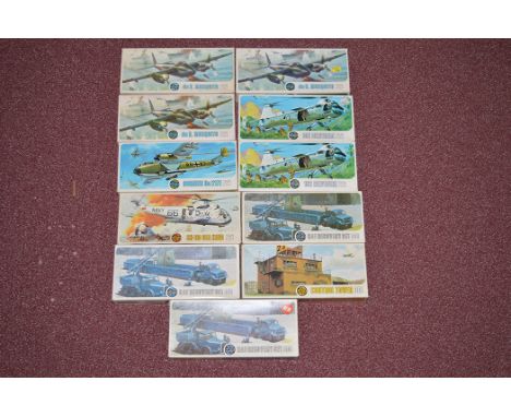Airfix model constructor kits: series 3, 1:72 scale, to include: 383, 382 (x2), 399, (x3), and 390; 00 scale, to include: RAF