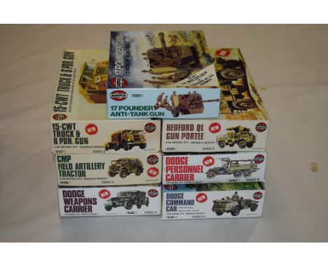 Airfix model constructor kits, to include: 1:35 scale Dodge Weapons Carrier, Command Car, Personnel Carrier; CMP Field Artill