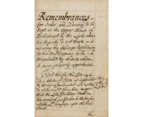 House of Lords.- Remembrances for Order and decency to be kept in the Upper house of Parliament by the Lords, when His Majest