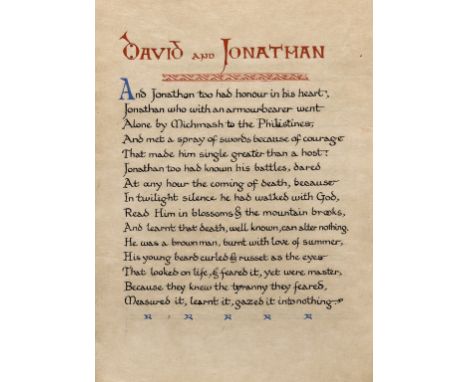 Drinkwater (John, poet and playwright, 1882-1937) David and Jonathan, calligraphic manuscript, decorated title cut and loosel