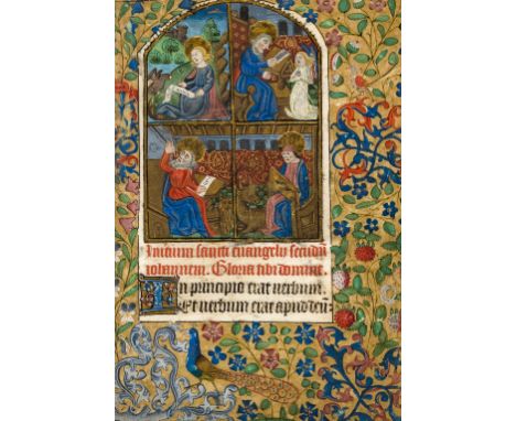 Illuminated Book of Hours leaf.- Leaf from an illuminated Book of Hours with the Four Evangelists, single leaf 155 x 110mm., 