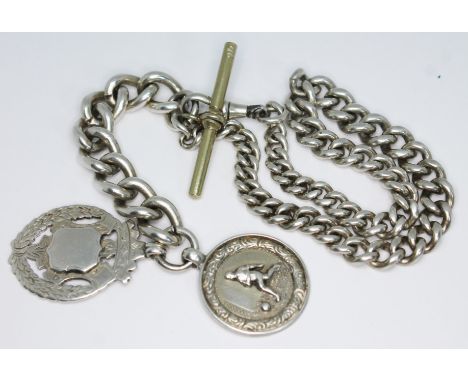 A hallmarked silver Albert watch chain with nickel T-bar, together with two hallmarked silver fob medals, one inscribed '3.M.