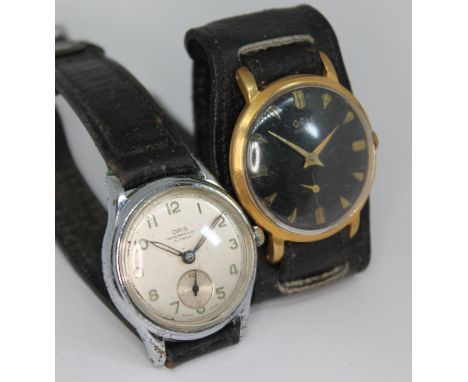 Two vintage Oris 15 jewel manual wind wristwatches, one in chrome plated 30mm case, the other in gold plated 32mm case, both 