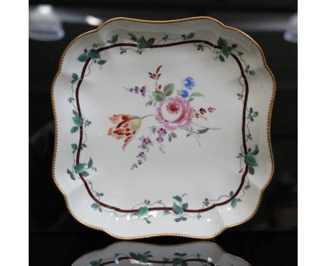 A Worcester porcelain dish, circa 1770, concave square form and decorated with a bouquet to centre with vine border, unmarked