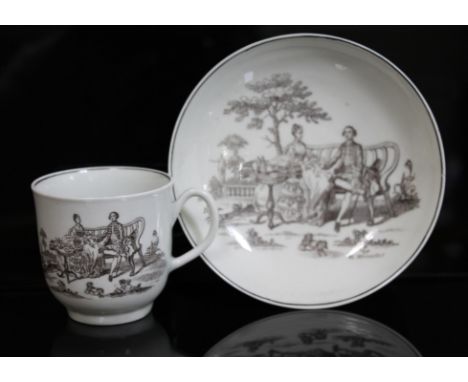 A Worcester porcelain cup and saucer, circa 1765, black transfer design Tea Party, with Robert Hancock monogram and Josiah Ho