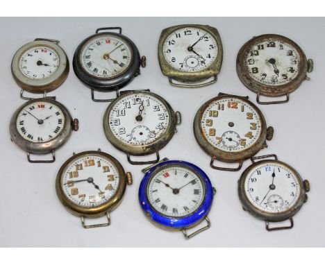 A collection of ten early 20th century trench style wristwatches including one silver cased, nickel and gun metal cased, enam
