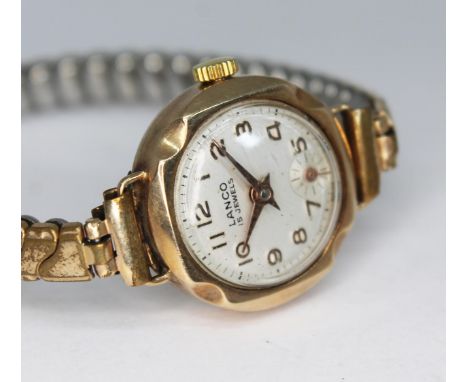 A vintage 9ct gold cased Lanco 15 jewel manual wind ladies wristwatch on gold tone flexi strap, gross weight (without movemen