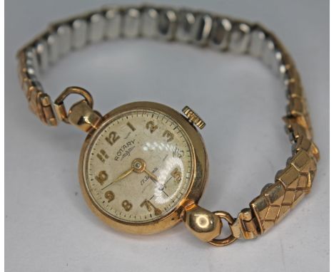 A hallmarked 9ct gold Rotary 17 jewel manual wind ladies wristwatch on rolled gold flexi strap, hallmarked to inside of Denni