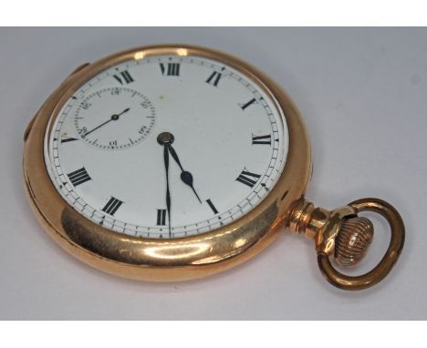 A late 19th/early 20th century gold plated open face pocket watch with white enamel dial having Roman numerals, spade and whi