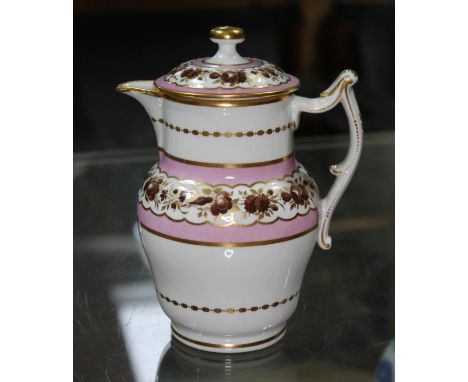 A Worcester Flight &amp; Barr porcelain cream jug with lid, decorated with brown flowers within pink and gilt borders, early 