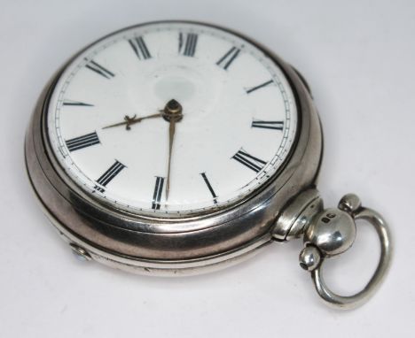 A William IV hallmarked silver pair cased verge pocket watch, having white enamel dial, Roman numerals, fleur-de-lis and whip