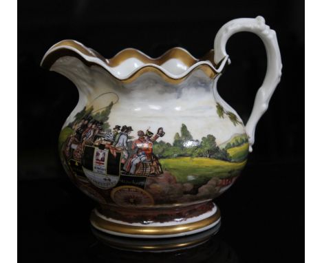 A Staffordshire porcelain coaching jug, mid 19th century with hand painted decoration depicting the R Nelson &amp; Co coach "