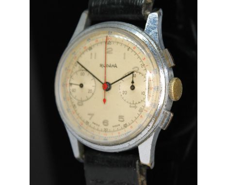 A vintage Rodana chronograph wristwatch with signed champagne dial, Arabic numerals, center sweeping seconds in red, sub dial