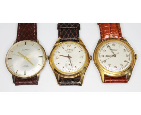 Three vintage gold plated 17 jewel manual wind wristwatches comprising a Roamer, a Dreffa, and a Clipper, all on brown leathe
