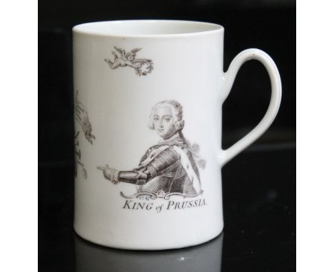 A Worcester porcelain mug, dated 1757, printed in monochrome depicting King of Prussia and monogrammed 'RH' for Robert Hancoc
