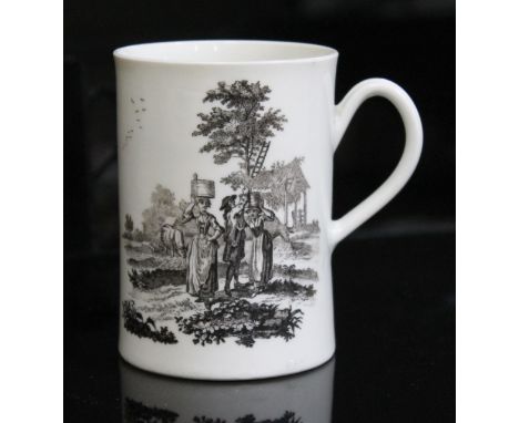A Worcester porcelain mug, circa 1758, with printed farm scene after Robert Hancock, height 12cm.  Condition - good, no chips
