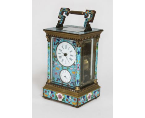 A reproduction cloisonne repeater carriage clock with alarm, height 21cm.  Condition - as found.