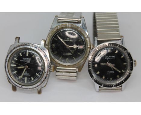 Three vintage chrome plated wristwatches comprising a Waltham Atmospheric 17 jewel manual wind divers style wristwatch with b