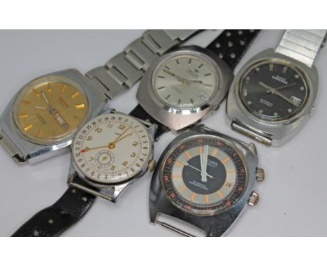 Five vintage mechanical wristwatches comprising a Sicura 25 jewel automatic, an Oris 7 jewel manual wind with sub second and 