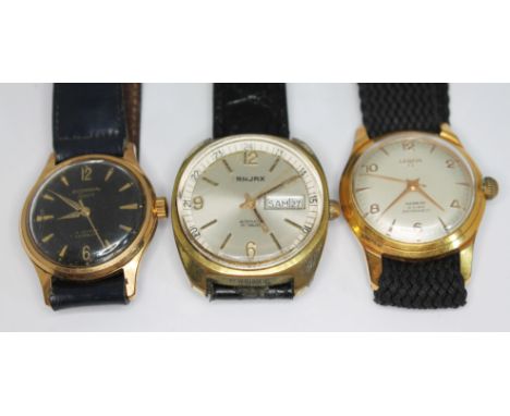 Three vintage gold plated wristwatches comprising a Rodania Sport 17 jewel manual wind on leather strap, a Lebem 19 jewel man