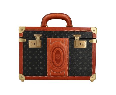   POLLINI VINTAGE Beauty Case.  Kosmetikkoffer in Schwarz mit Logomuster und hellbraunem Leder-Applikationen und goldfarbener